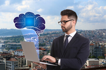 Young man using laptop with virtual image of brain and cityscape on background. Machine learning...