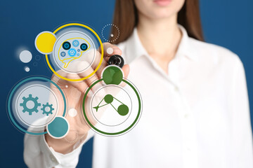 Woman touching icon on virtual screen, closeup. Machine learning concept