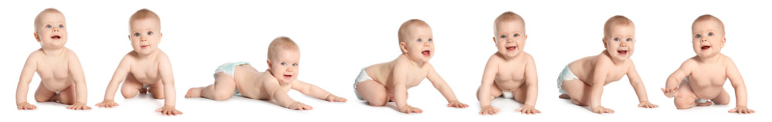 Collage with photos of cute baby crawling on white background. Banner design