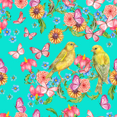 colorful seamless texture with lovely couple of yellow birds, fancy flowers surrounded flying butterflies. watercolor painting
