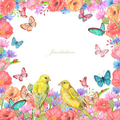 meadow wildflowers frame with lovely couple of yellow birds surrounded flying butterflies. watercolor painting