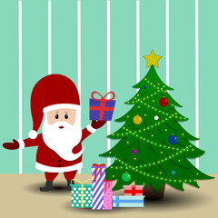 Santa Claus puts gifts under the Christmas tree. Interior during the holidays. New Year's decorations, garlands. Vector illustration