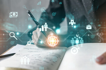 Research theme icons hologram and a woman taking notes. Business analysis concept. Multiexposure.