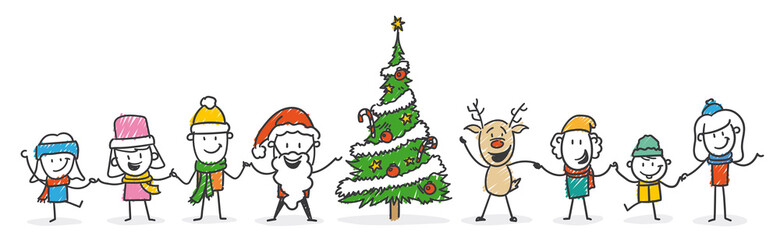 Strichfiguren / Strichmännchen: Lustig, Weihnachten, Weihnachtsmann, Kinder, Rentier. (Nr. 559)	