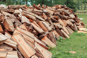 Firewood is stacked in autumn. Chopped pile of wood. Lots of wood from logs. Preparation of firewood for the winter. background texture pattern with stacked dry chopped firewood. Trees in the sawmill