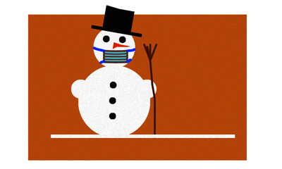 Schneemann mit Mund-Nasen-Schutz vor braunem Hintergrund - mit Platz für individuellem Text