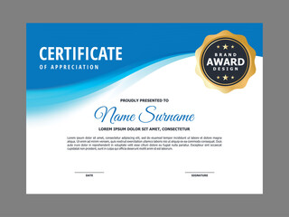 Abstract Smooth Certificate with Blue Wavy Element Design, Professional Modern Certificate with Golden Badge Template Vector