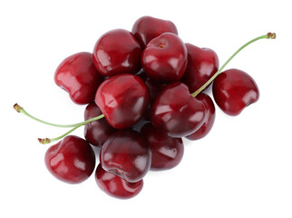 Tasty ripe red cherries isolated on white, top view