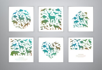 Vector forest animals set vector templates with text. Flat animals silhouettes in square and round frame. Heart shape.  File contains transparency and gradient mesh
