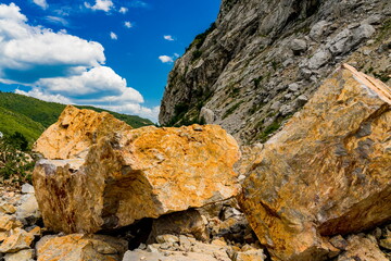 Stone boulders at Danube gorge in Djerdap on the Serbian-Romanian border