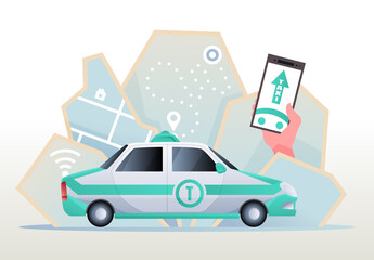 Electric car taxi. Phone with location mark and smart car with modern city skyline map. Vector illustration of online taxi service controlled via smartphone app