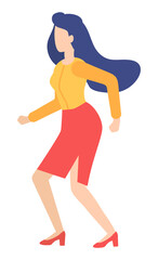 Fototapeta na wymiar Businesswoman running forward abstract vector illustration character in flat design business woman. Person wearing formaly runs away from someone else, catches up to hold, customer retention concept