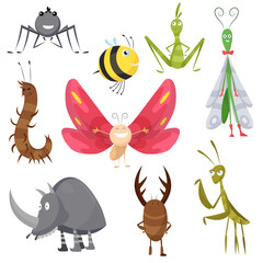 Set of funny cartoon insects isolated on white. Vector bee, butterfly, spider, wasp, mantis, dragonfly, rhinoceros beetle, characters. Collection happy comic bugs. Colorful hand drawn illustration