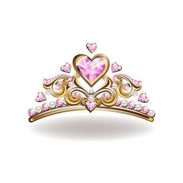 Beautiful golden princess crown with pearls and pink jewels. Vector illustration on white background.