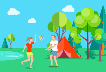 Obraz na płótnie Canvas Family active holidays happy couple cheerful man and woman during playing ball at summer outdoors activities cartoon vector illustration. People jump and play toy ball outside in the camp in forest
