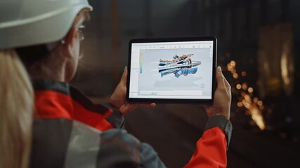 Professional Heavy Industry Engineer Uses Tablet Computer for Augmented Reality Render with Interactive Turbine Engine Blueprint. Female Industrial Specialist Working in a Metal Manufacture Warehouse. - Powered by Adobe