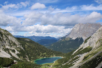 Hiking tour to Seebensee in the Austrian Alps between to Ehrwalder Alm and Coburger Hütte 