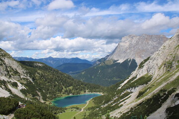 Seebensee and Zugspitze in Tyrol on a beautiful summer day