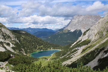 Fototapeta na wymiar Hiking tour to Seebensee in the Austrian Alps between to Ehrwalder Alm and Coburger Hütte 