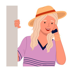 Young woman with phone peeping from behind the wall vector Illustration on a white background. Happy curious looking blonde girl in hat talking on smartphone. Female character spies watching someone
