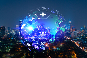 Research and technological development glowing icons. Night panoramic city view of Bangkok. Concept of innovative activities expanding new services or products in Asia. Double exposure.
