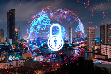 Fototapeta na wymiar Glowing Padlock hologram, night panoramic city view of Bangkok, Asia. The concept of cyber security to protect companies. Double exposure.