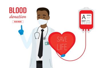 Male doctor holds red heart. Donate blood in container. Save life, blood donation landing page template. Medical support and healthcare