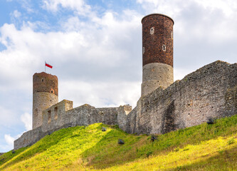 Fototapeta na wymiar Panoramic view of Checiny Royal Castle ruins - Zamek Krolewski w Checinach - medieval stone fortress in Swietokrzyskie Mountains near Kielce in Poland