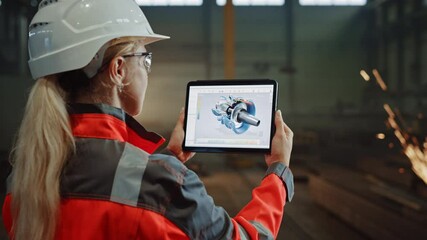 Professional Heavy Industry Engineer Uses Tablet Computer for Augmented Reality Render with Interactive Turbine Engine Blueprint. Female Industrial Specialist Working in a Metal Manufacture Warehouse. - Powered by Adobe