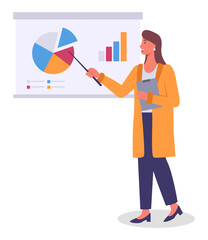 Woman submits a progress report. Character standing at big board pointing on charts and graphs. Girl presenting board with data and information in visual form. Page with diagram and indicators