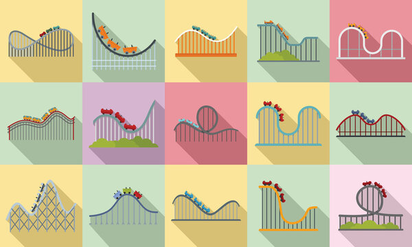 Roller coaster icons set. Flat set of roller coaster vector icons for web design