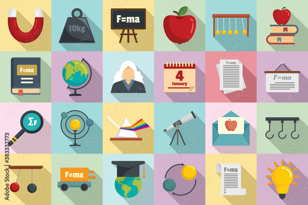 Poster newtons day icons set. flat set of newtons day vector icons for web design