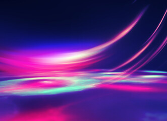 Multicolored neon shapes on a dark abstract background. Empty scene background, blurred neon ultraviolet light, bokeh.