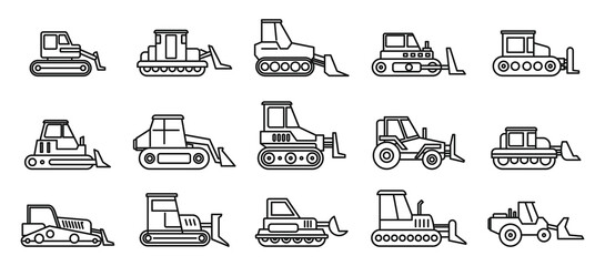Construction bulldozer icons set. Outline set of construction bulldozer vector icons for web design isolated on white background © anatolir