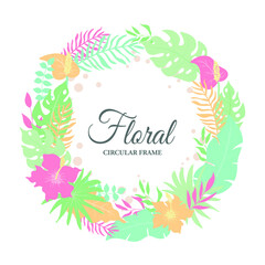 Tropical floral frame with flat design, exotic tropical leaves and floral border
