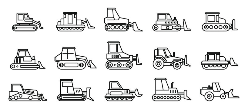 Construction bulldozer icons set. Outline set of construction bulldozer vector icons for web design isolated on white background