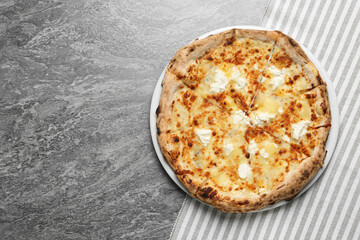 Tasty cheese pizza on grey table, top view. Space for text