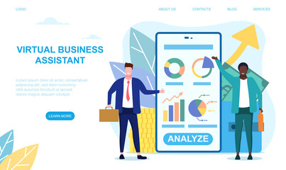 Virtual business assistant app concept. Flat cartoon vector illustration. Web page template.