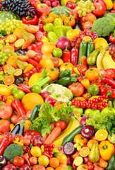 Large fruit pattern of fresh and healthy colorful vegetables and fruits.