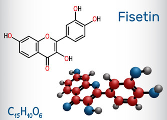 Fisetin molecule. It is plant flavonol from the flavonoid group of polyphenols. Structural chemical formula and molecule model