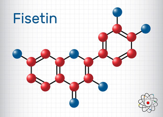 Fisetin molecule. It is plant flavonol from the flavonoid group of polyphenols. Structural chemical formula and molecule model. Sheet of paper in a cage