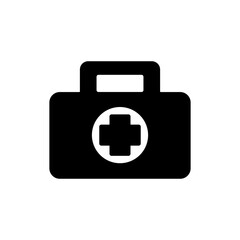 First aid kit black icon in flat style. Health, help and medical diagnostics vector illustration on white isolated background. Doctor bag business concept.