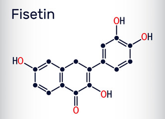 Fisetin molecule. It is plant flavonol from the flavonoid group of polyphenols. Skeletal chemical formula