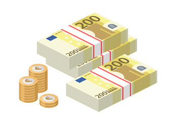 Isometric stacks of 200 euro banknotes. Pile paper money and coins. Two hundred bills. European currency notes. Vector illustration.
