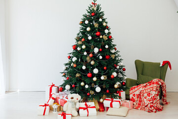 Christmas tree pine white interior room new year decor garland gifts postcard