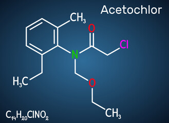 Acetochlor molecule. It is chloroacetanilide, herbicide, a xenobiotic and an environmental contaminant. Structural chemical formula on the dark blue background