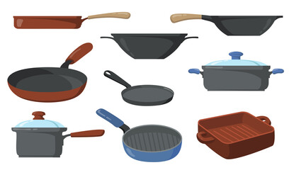 Kitchen pots set. Frying pans and saucepans, skillet with handle and wok. Vector illustrations collection for kitchenware, utensil, cooking concept