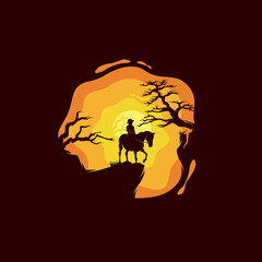 a girl riding a horse on a cliff