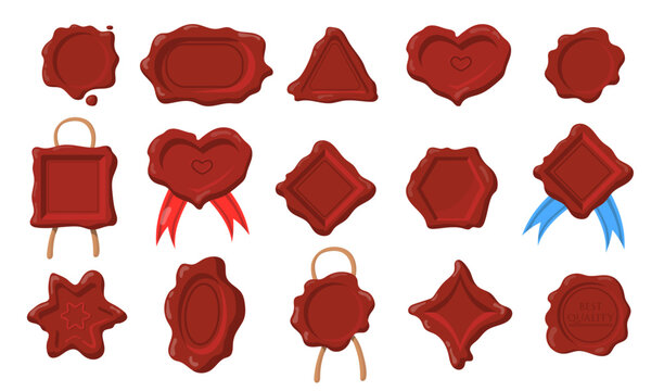 Wax seals set. Dark red stamps of different shapes, heart, rectangle, circle, hexagon, triangle in antique style. Vector illustrations collection for tag, certificate, map or scroll design