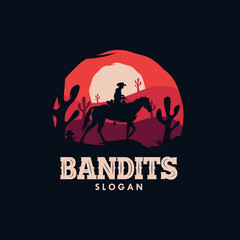 Bandit cowboy riding a horse in the night logo - obrazy, fototapety, plakaty